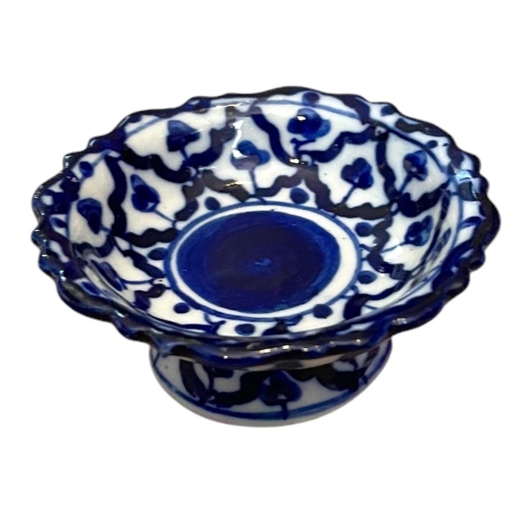 Hand-Painted Blue and White Decorative Pedestal Bowl - Unbranded